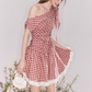 Summer off-shoulder red plaid dress with lace-up waist princess dress R4539