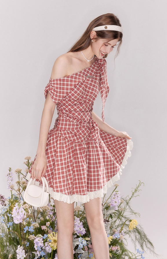 Summer off-shoulder red plaid dress with lace-up waist princess dress R4539