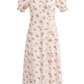 2025 Summer New French Square Neck Puff Sleeve Mid-Length Floral Waist Dress R0928