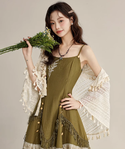 Ethnic style improved Han elements tassel suspender dress spring temperament wear R1887