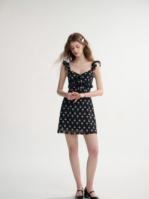 French style black skirt floral suspender skirt short dress R2696