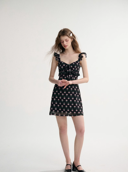 French style black skirt floral suspender skirt short dress R2696