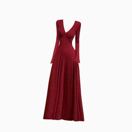 French retro wine red V-neck dress holiday style waist a-line drape long skirt R1035