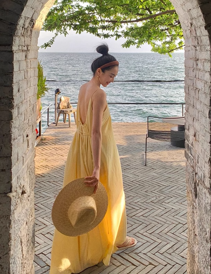 Yellow suspender dress loose lazy style backless sexy beach dress holiday long dress R1587