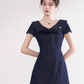 Design sense niche blue v-neck denim dress temperament French college style short skirt R4140