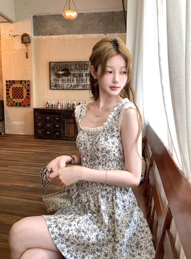 Square neck waist floral suspender dress for women summer French style temperament skirt R4696