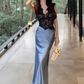 Sexy hot girl lace V-neck dress plus size satin evening dress hip skirt R1357
