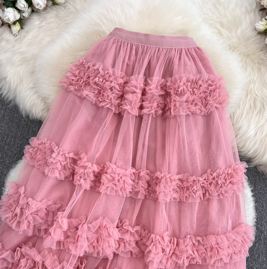 High waist slim mesh skirt elastic waist mid-length over the knee multi-layered wood ear edge cake skirt R0306