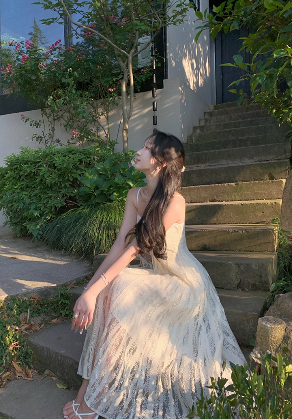 Romantic holiday style suspender dress summer hollow white lace temperament long skirt R4423