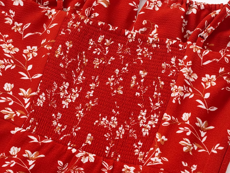 2025 Summer New Red Floral Waisted Seaside Vacation Short Suspender Dress R0950