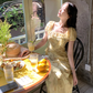 Sunset romantic atmosphere yellow floral dress women's holiday wear long dress R4342