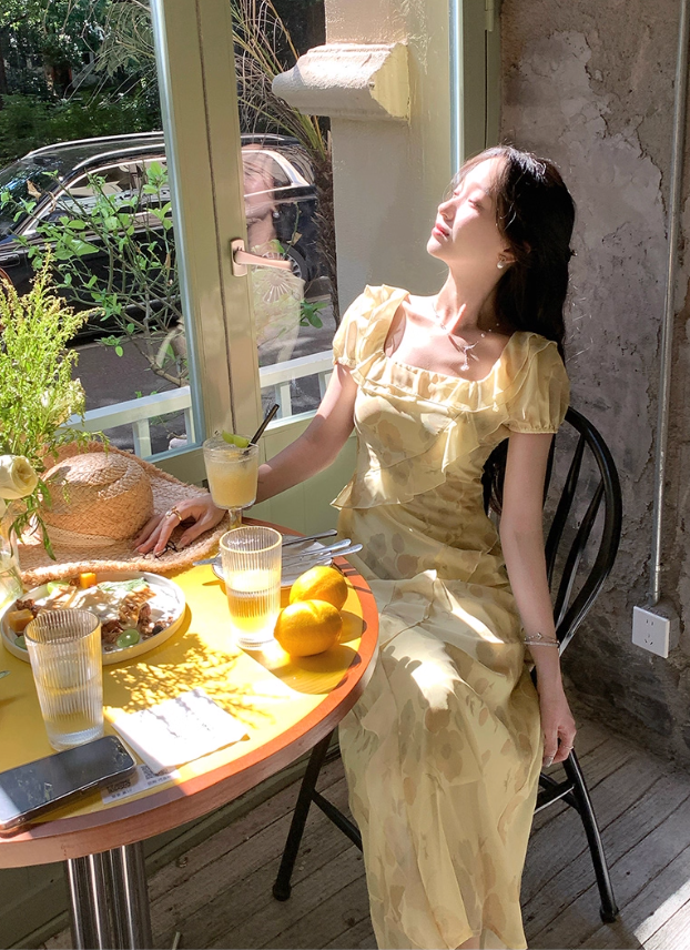 Sunset romantic atmosphere yellow floral dress women's holiday wear long dress R4342