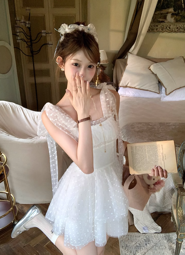 White tulle polka dot halter dress for women's summer French dress R4785