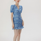 Short hip skirt summer French floral skirt blue petite pleated dress R2714