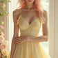 Yellow suspender lace low-cut sexy waist A-line short skirt homecoming dress R3821