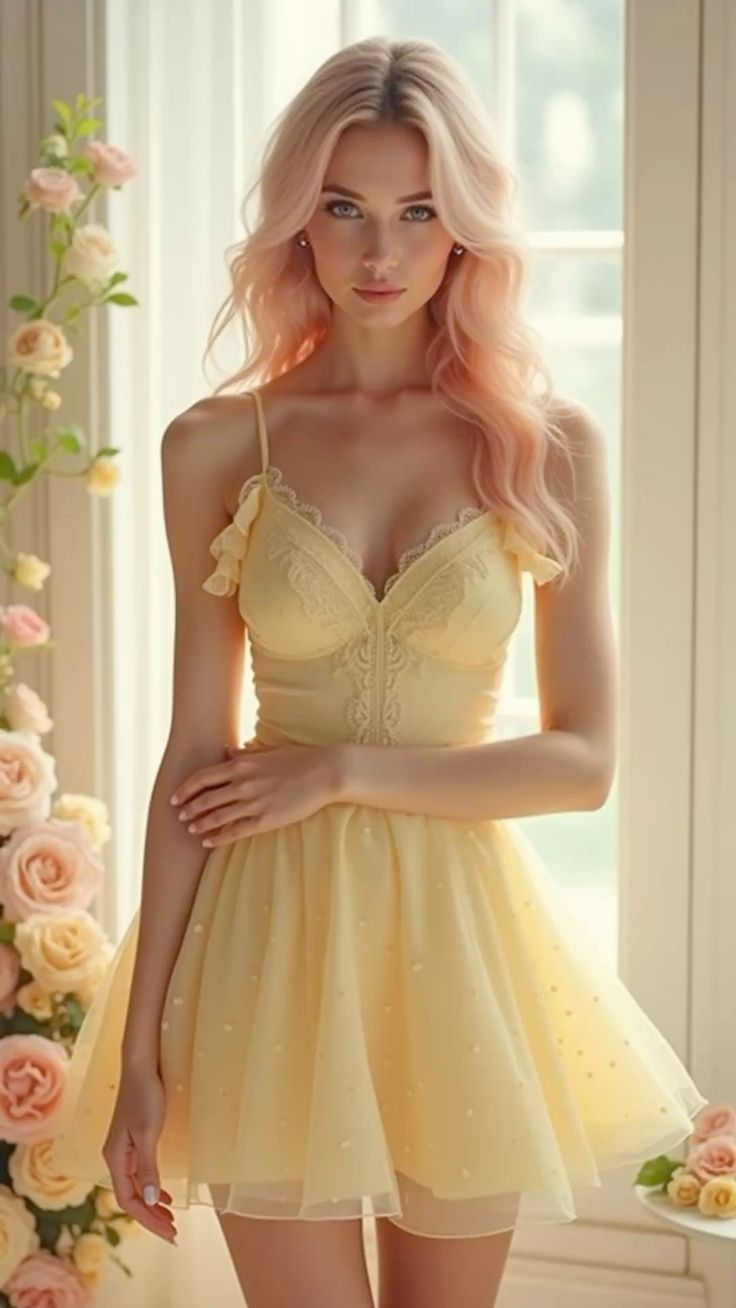 Yellow suspender lace low-cut sexy waist A-line short skirt homecoming dress R3821