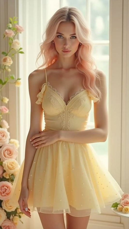 Yellow suspender lace low-cut sexy waist A-line short skirt homecoming dress R3821