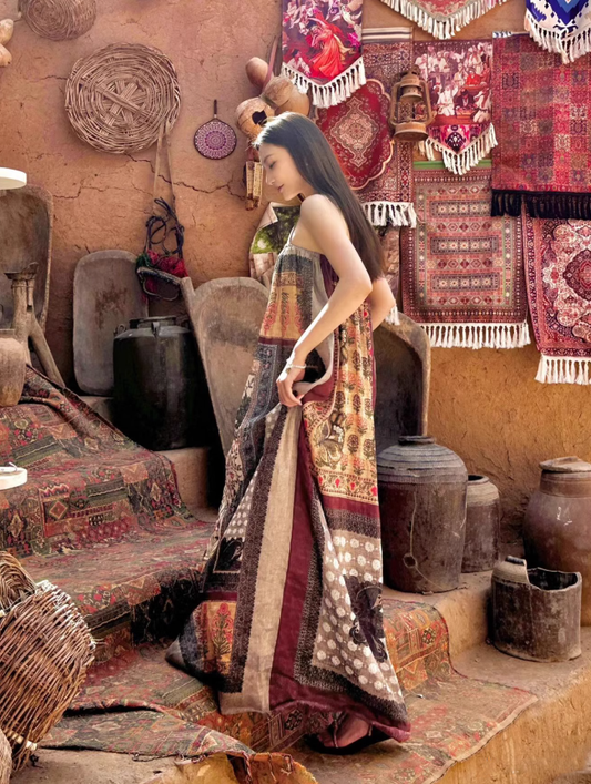 Travel wear retro ethnic style Bohemian suspender dress seaside beach dress R1623