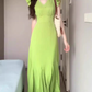 Retro green dress high-grade v-neck temperament step by step lotus fishtail skirt R0735