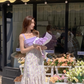 One-shoulder purple suspender floral dress for women summer design temperament sweet long dress R4111