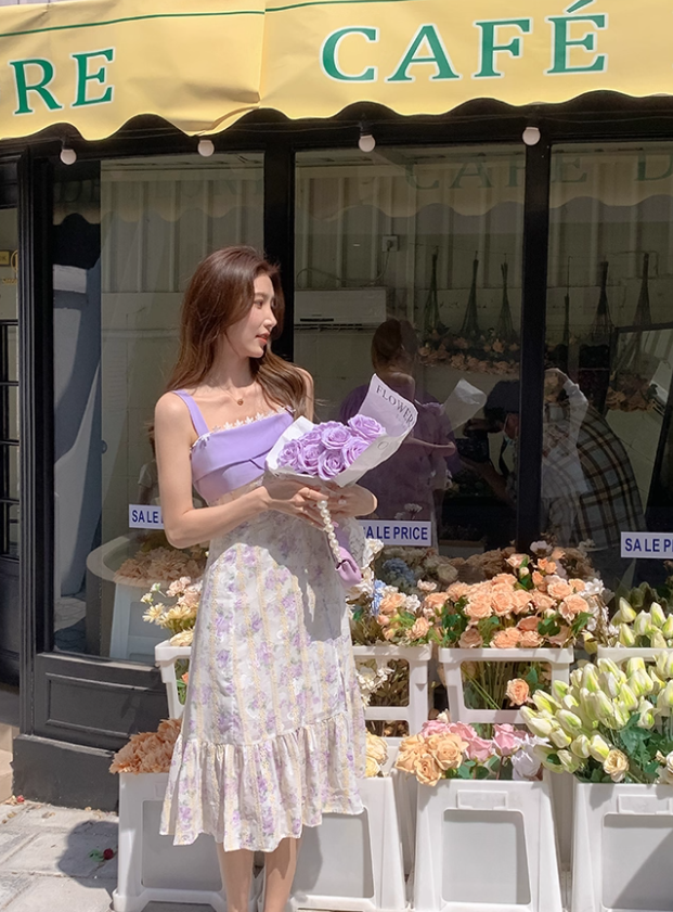 One-shoulder purple suspender floral dress for women summer design temperament sweet long dress R4111