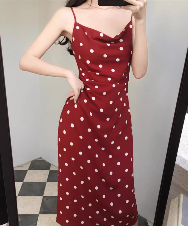 Retro mid-length polka dot dress French style holiday style sexy slim suspender skirt R1495