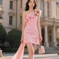 Pink off-shoulder neckline three-dimensional flower waist slimming A-line short skirt homecoming dress R3861