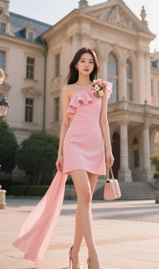 Pink off-shoulder neckline three-dimensional flower waist slimming A-line short skirt homecoming dress R3861