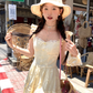 Yellow long small flying sleeve waist suspender dress summer French A-line sweet style skirt R4697