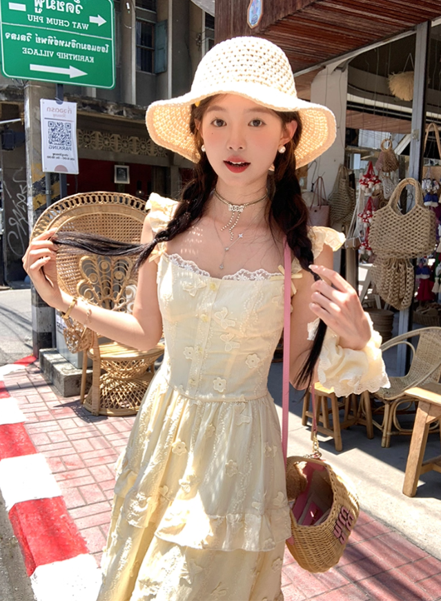 Yellow long small flying sleeve waist suspender dress summer French A-line sweet style skirt R4697