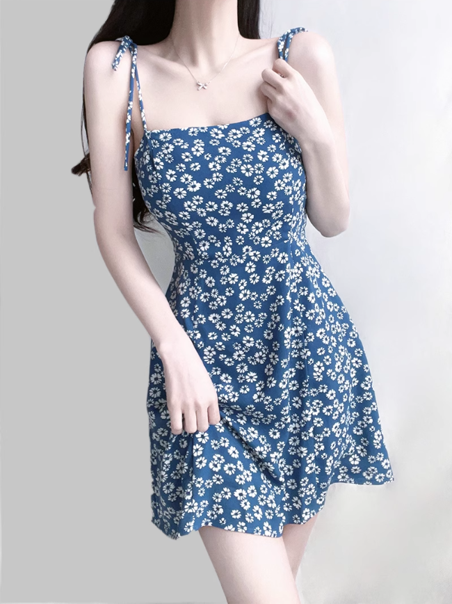 2025 Summer New Blue Floral Daisy Holiday Short Suspender Dress R0968
