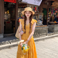 Yellow long v-neck small flying sleeve waist dress summer French retro temperament lace skirt R4578