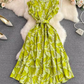 Gentle style stand-up collar, slim waist, printed A-line long swing dress 2025 high waist elegant long skirt R0359
