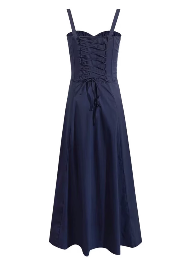 2025 Summer New Blue Slit Sexy Waist Temperament Suspender Dress R0901