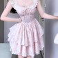 Pink floral dress beautiful niche waist puffy short skirt R0745
