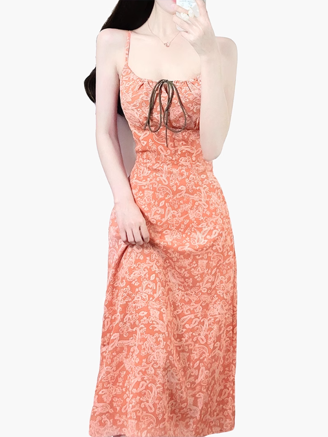 2025 Summer New Retro Cashew Printed Backless French Long Suspender Dress R0967