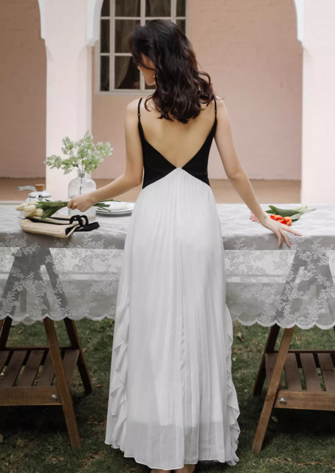 French black and white stitching suspender backless dress pleated skirt ruffled fairy long skirt R1591
