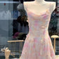 Pink floral halter neckline waist cute mini skirt homecoming dress R4122