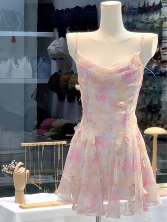 Pink floral halter neckline waist cute mini skirt homecoming dress R4122