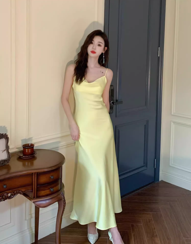 High-grade silk suspender dress 2025 new women's slim fit base acetate vest long skirt R0996