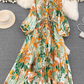 Light luxury temperament lantern long sleeve round neck waist single breasted print elegant dress R0403