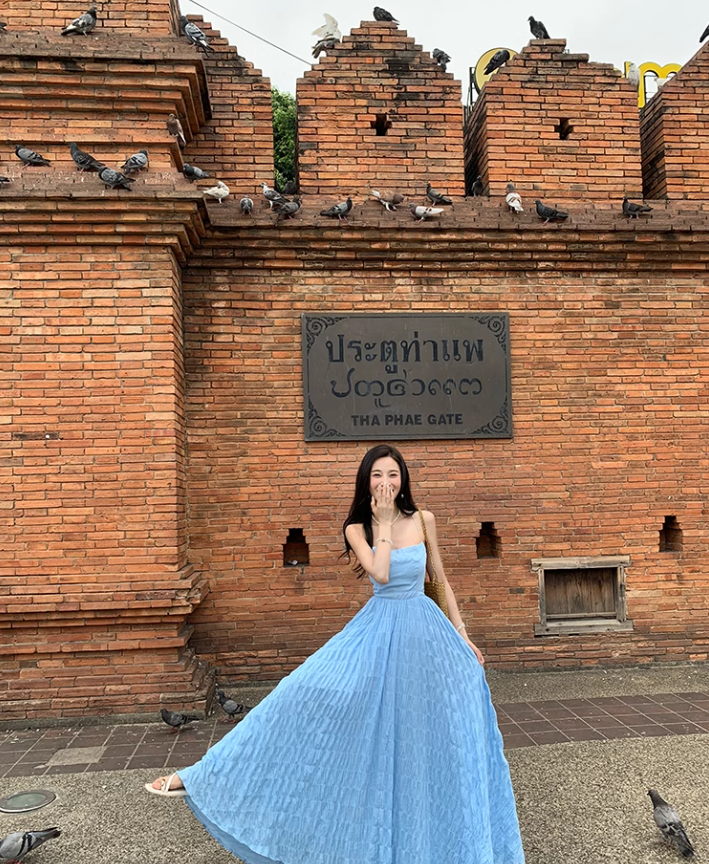 Beach dress suspenders backless dress temperament long skirt holiday style R1565