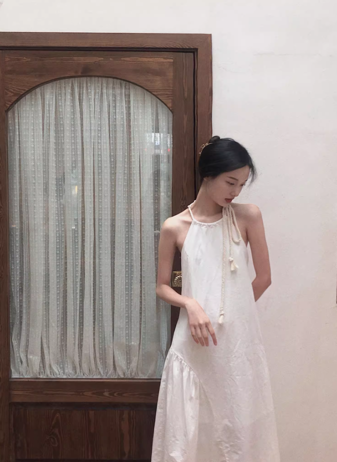 French backless white dress design niche slim sexy seaside holiday beach dress R1602