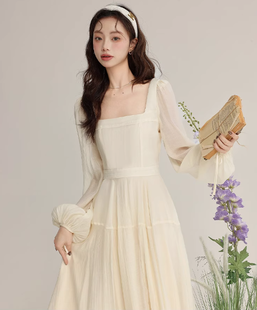 Temperament gentle style apricot long-sleeved dress spring new slim skirt R1901