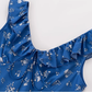 2025 Summer New Retro Blue Floral Ruffle Waist V-Neck Holiday Dress R0976