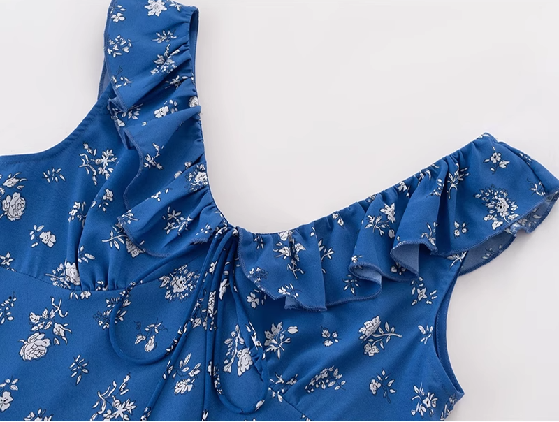 2025 Summer New Retro Blue Floral Ruffle Waist V-Neck Holiday Dress R0976