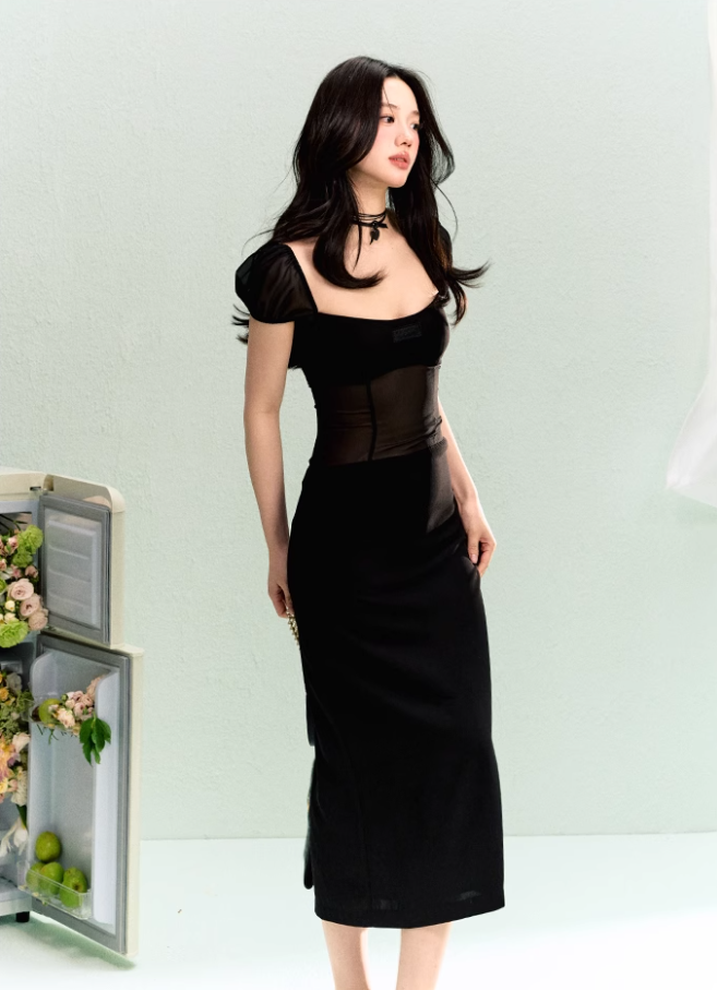 French elegant waist square neck splicing dress summer simple midi dress R3330