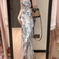 Ink painting suspender dress new style high-end feeling super beautiful tea break French long skirt R0463