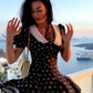Black floral print doll collar slim waist short skirt homecoming dress R3607
