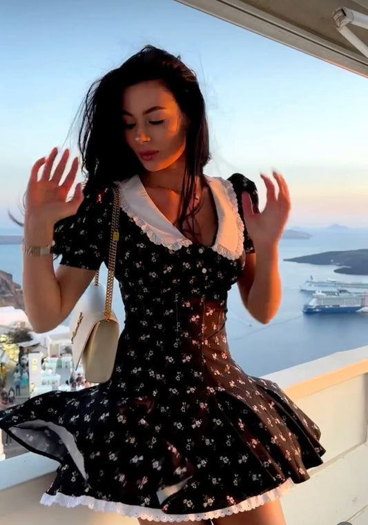 Black floral print doll collar slim waist short skirt homecoming dress R3607